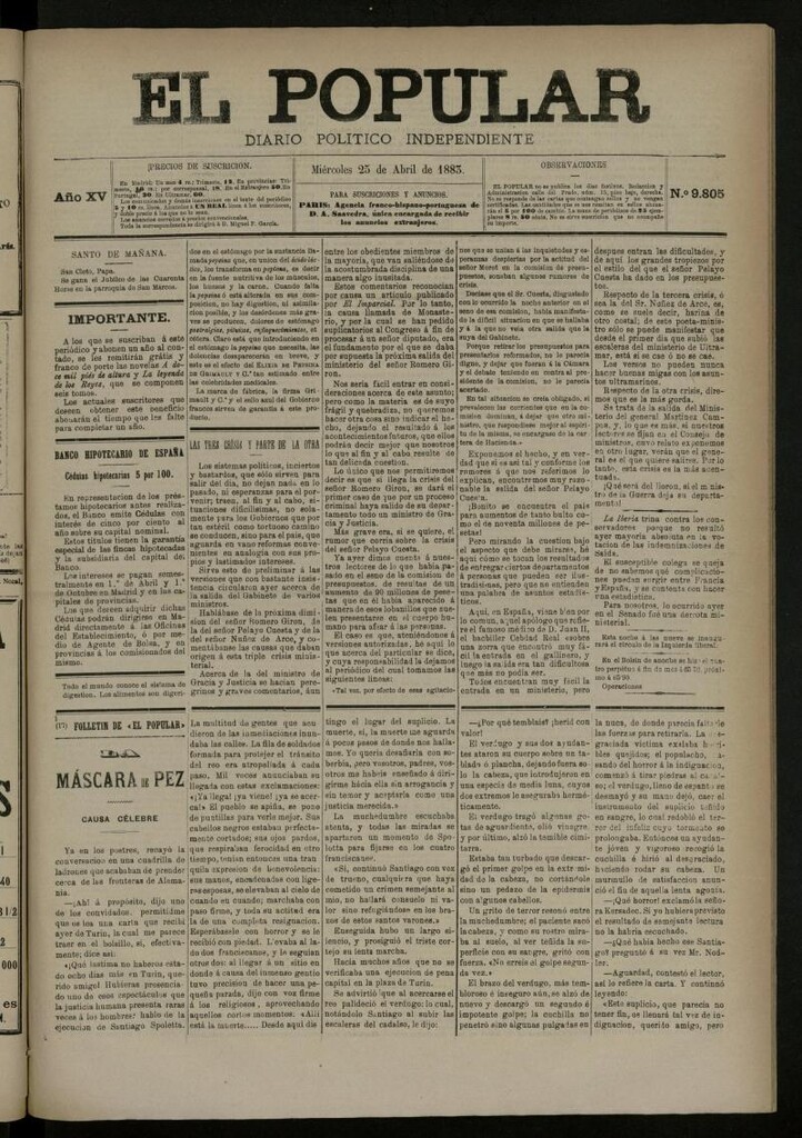 Miniatura de El Popular: diario independiente, político, literario y de noticias de interés general del 25 de abril de 1883, nº 9805