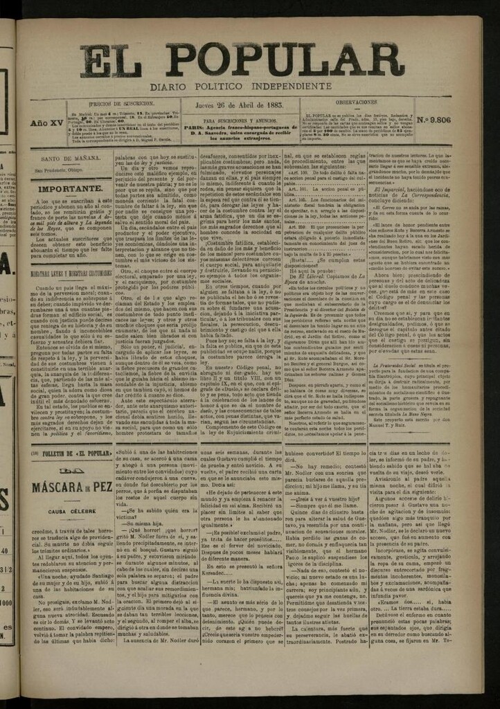 Miniatura de El Popular: diario independiente, político, literario y de noticias de interés general del 26 de abril de 1883, nº 9806