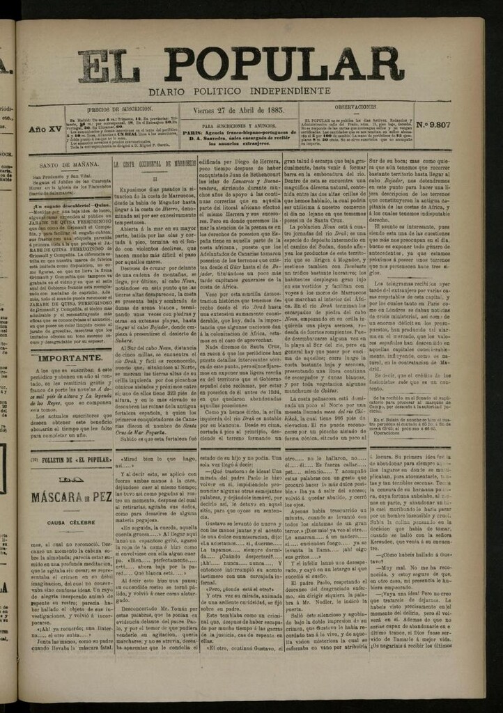 Miniatura de El Popular: diario independiente, político, literario y de noticias de interés general del 27 de abril de 1883, nº 9807