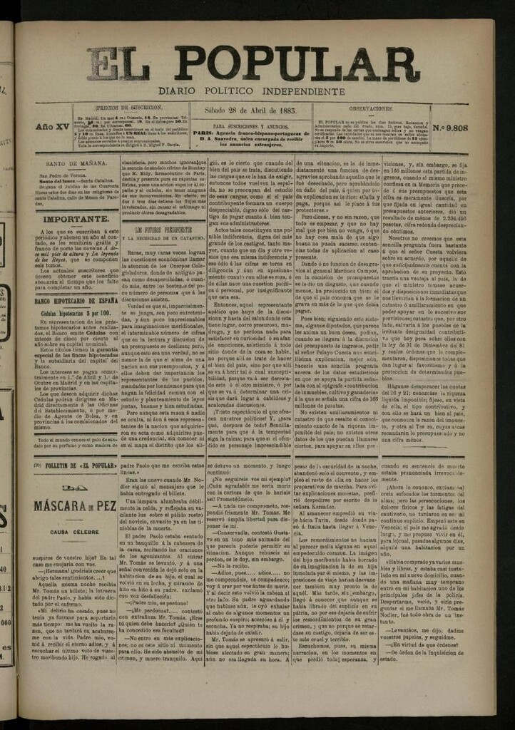 Miniatura de El Popular: diario independiente, político, literario y de noticias de interés general del 28 de abril de 1883, nº 9808