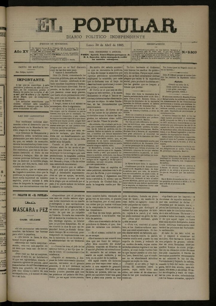 Miniatura de El Popular: diario independiente, político, literario y de noticias de interés general del 30 de abril de 1883, nº 9809