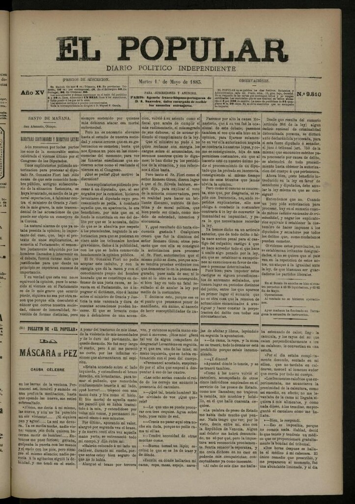 Miniatura de El Popular: diario independiente, político, literario y de noticias de interés general del 1 de mayo de 1883, nº 9810