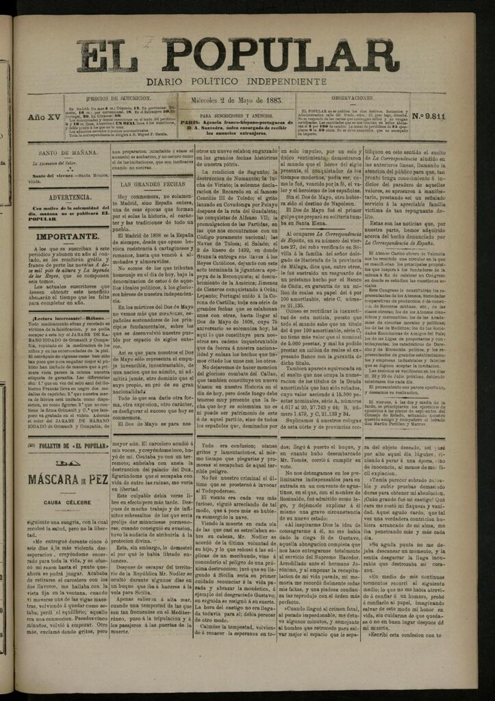 Miniatura de El Popular: diario independiente, político, literario y de noticias de interés general del 2 de mayo de 1883, nº 9811