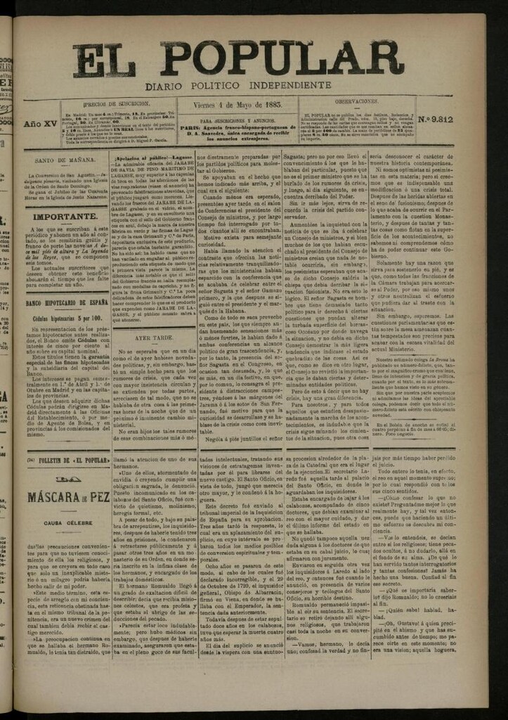Miniatura de El Popular: diario independiente, político, literario y de noticias de interés general del 4 de mayo de 1883, nº 9812