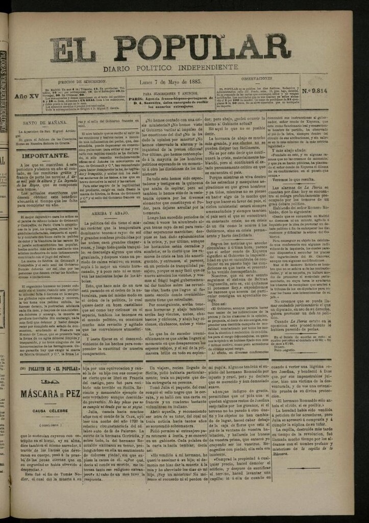 Miniatura de El Popular: diario independiente, político, literario y de noticias de interés general del 7 de mayo de 1883, nº 9814 [Sic]