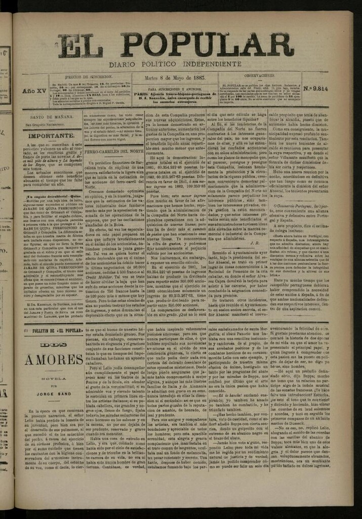 Miniatura de El Popular: diario independiente, político, literario y de noticias de interés general del 8 de mayo de 1883, nº 9814