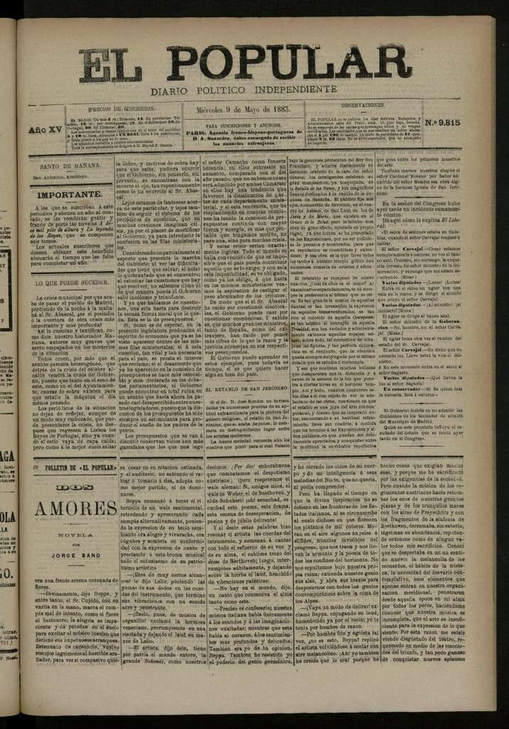 Miniatura de El Popular: diario independiente, político, literario y de noticias de interés general del 9 de mayo de 1883, nº 9815