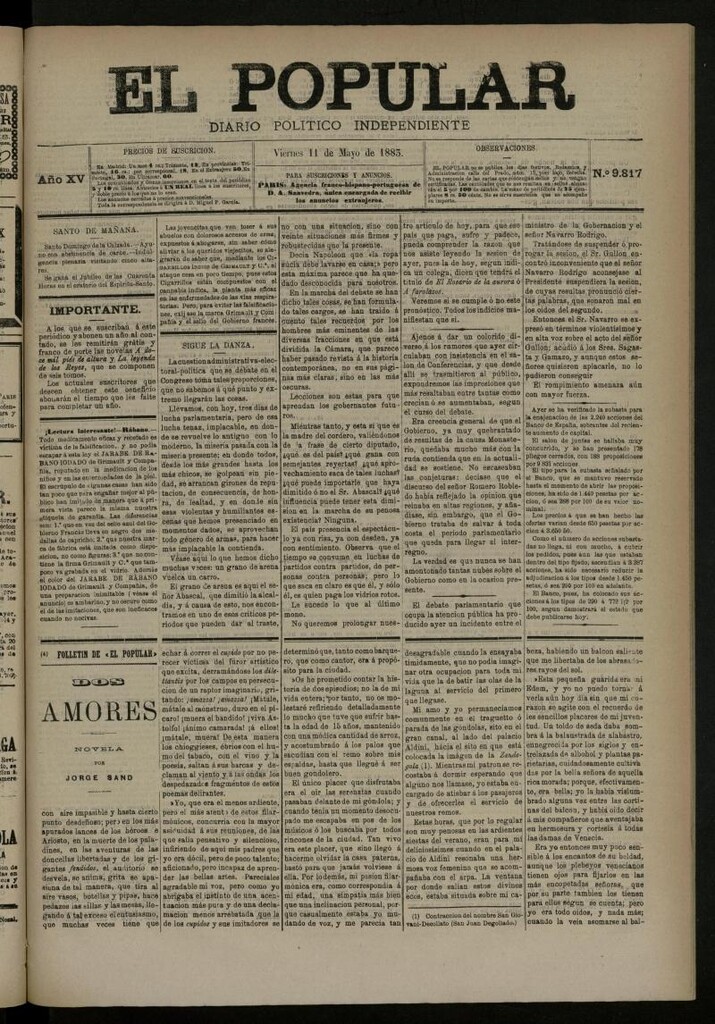 Miniatura de El Popular: diario independiente, político, literario y de noticias de interés general del 11 de mayo de 1883, nº 9817