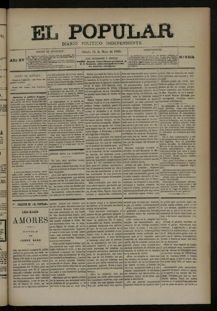 Miniatura de El Popular: diario independiente, político, literario y de noticias de interés general del 12 de mayo de 1883, nº 9818
