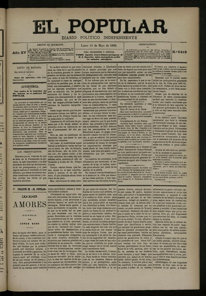 Miniatura de El Popular: diario independiente, político, literario y de noticias de interés general del 14 de mayo de 1883, nº 9819