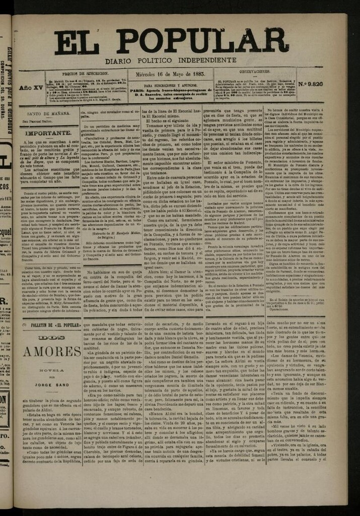 Miniatura de El Popular: diario independiente, político, literario y de noticias de interés general del 16 de mayo de 1883, nº 9820