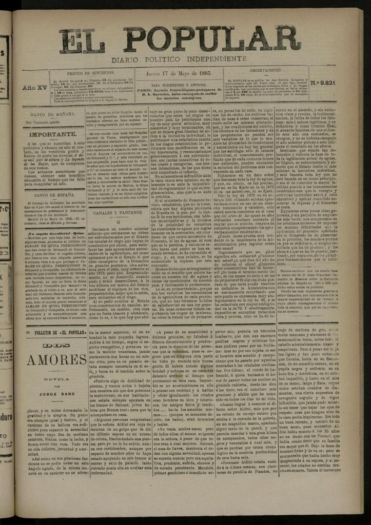 Miniatura de El Popular: diario independiente, político, literario y de noticias de interés general del 17 de mayo de 1883, nº 9821
