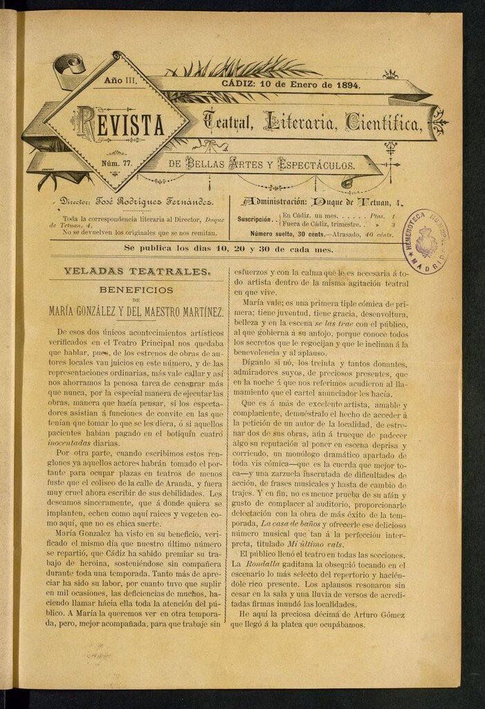 Miniatura de Revista Teatral, Literaria, Científica, de Bellas Artes y Espectáculos. Nº 77