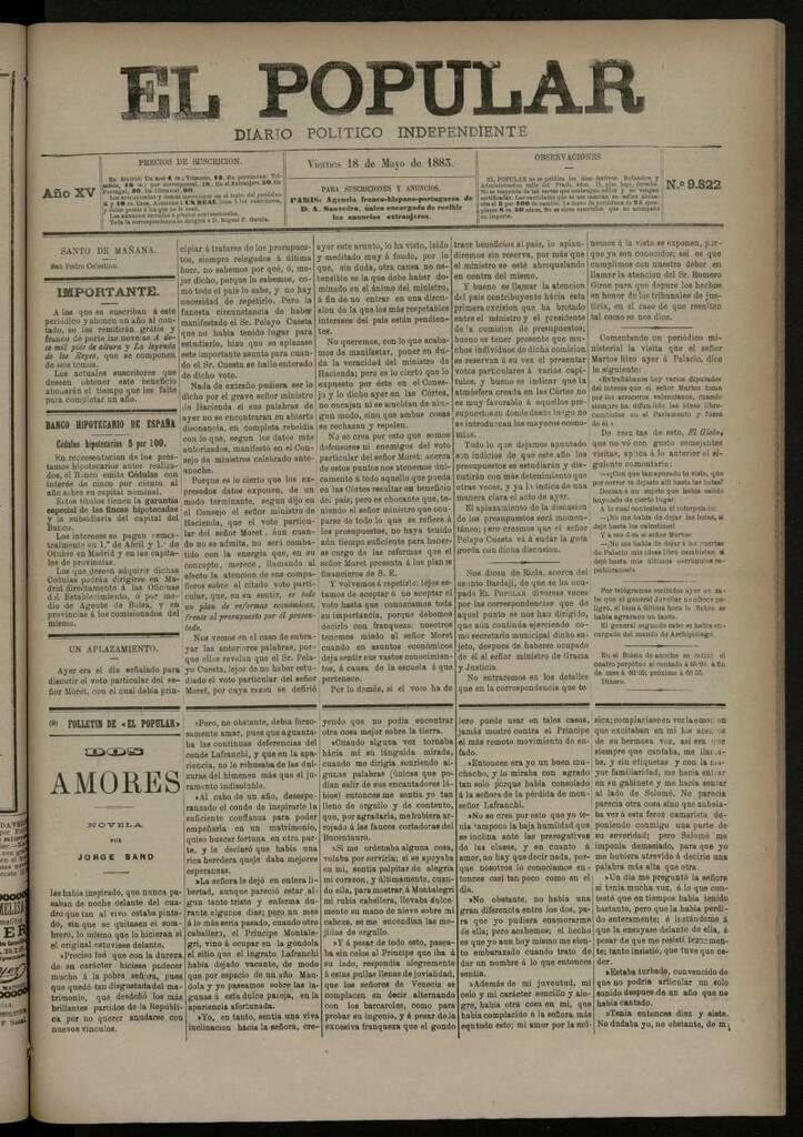 Miniatura de El Popular: diario independiente, político, literario y de noticias de interés general del 18 de mayo de 1883, nº 9822