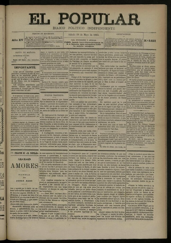 Miniatura de El Popular: diario independiente, político, literario y de noticias de interés general del 19 de mayo de 1883, nº 9823