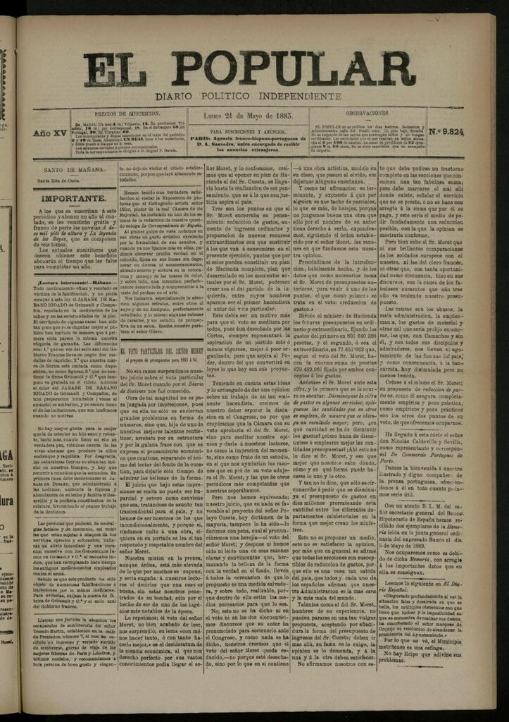 Miniatura de El Popular: diario independiente, político, literario y de noticias de interés general del 21 de mayo de 1883, nº 9824