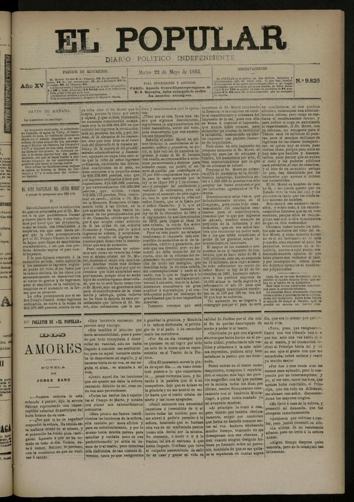 Miniatura de El Popular: diario independiente, político, literario y de noticias de interés general del 22 de mayo de 1883, nº 9825