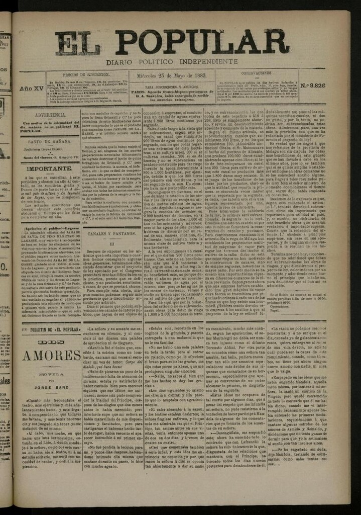 Miniatura de El Popular: diario independiente, político, literario y de noticias de interés general del 23 de mayo de 1883, nº 9826