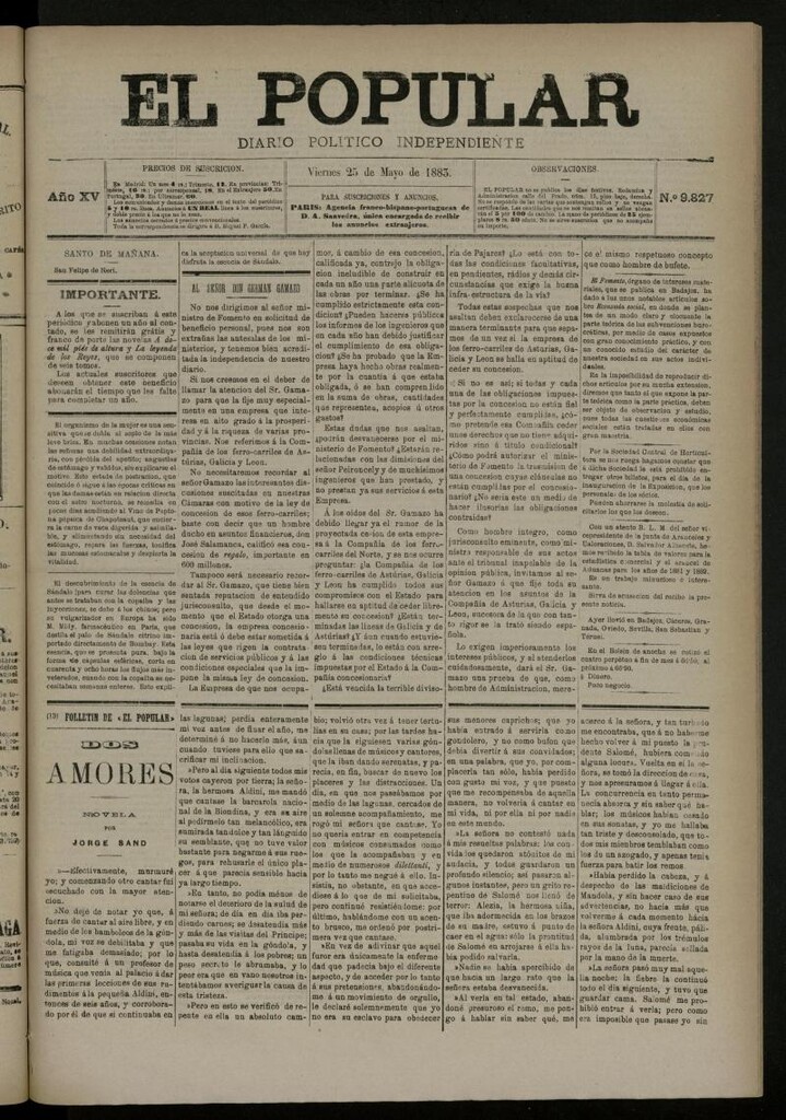 Miniatura de El Popular: diario independiente, político, literario y de noticias de interés general del 25 de mayo de 1883, nº 9827