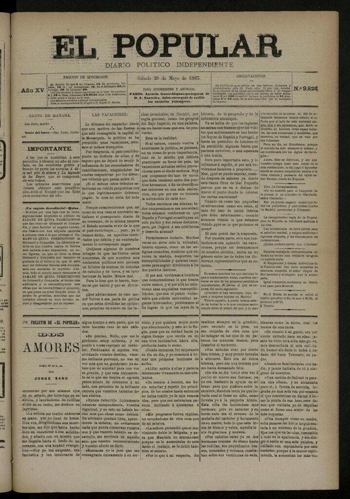 Miniatura de El Popular: diario independiente, político, literario y de noticias de interés general del 26 de mayo de 1883, nº 9828