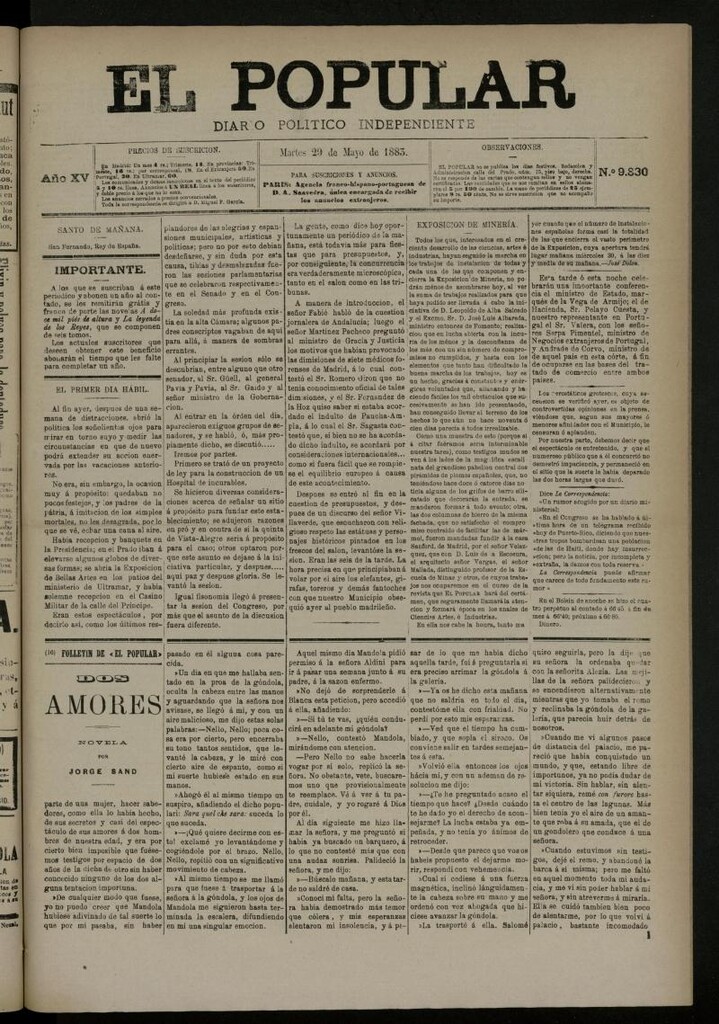 Miniatura de El Popular: diario independiente, político, literario y de noticias de interés general del 29 de mayo de 1883, nº 9830