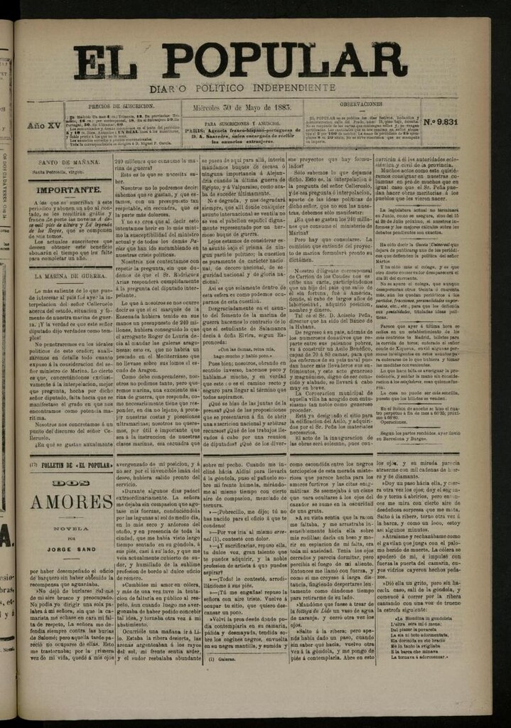 Miniatura de El Popular: diario independiente, político, literario y de noticias de interés general del 30 de mayo de 1883, nº 9831