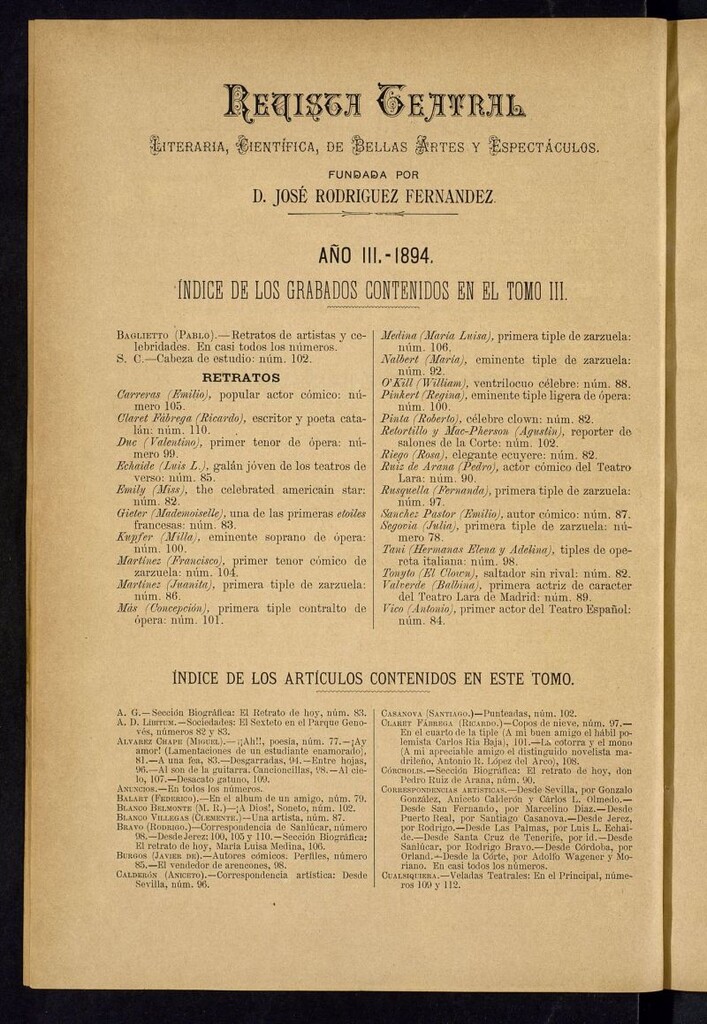 Miniatura de Revista Teatral, Literaria, Científica, de Bellas Artes y Espectáculos. 1894 Índices
