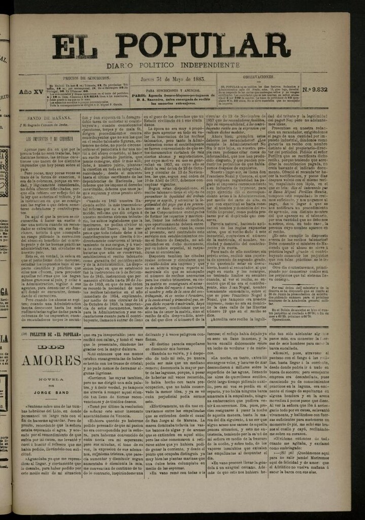 Miniatura de El Popular: diario independiente, político, literario y de noticias de interés general del 31 de mayo de 1883, nº 9832