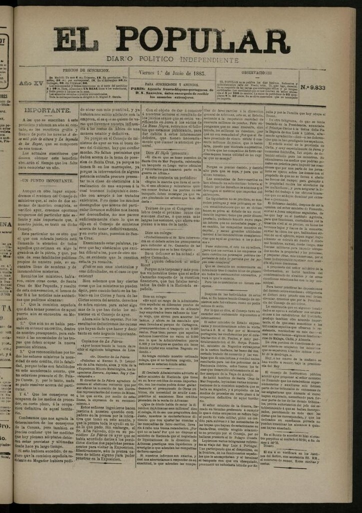 Miniatura de El Popular: diario independiente, político, literario y de noticias de interés general del 1 de junio de 1883, nº 9833