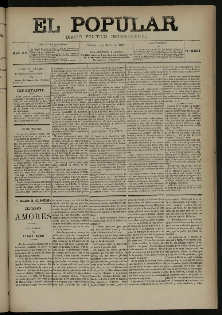 Miniatura de El Popular: diario independiente, político, literario y de noticias de interés general del 2 de junio de 1883, nº 9834