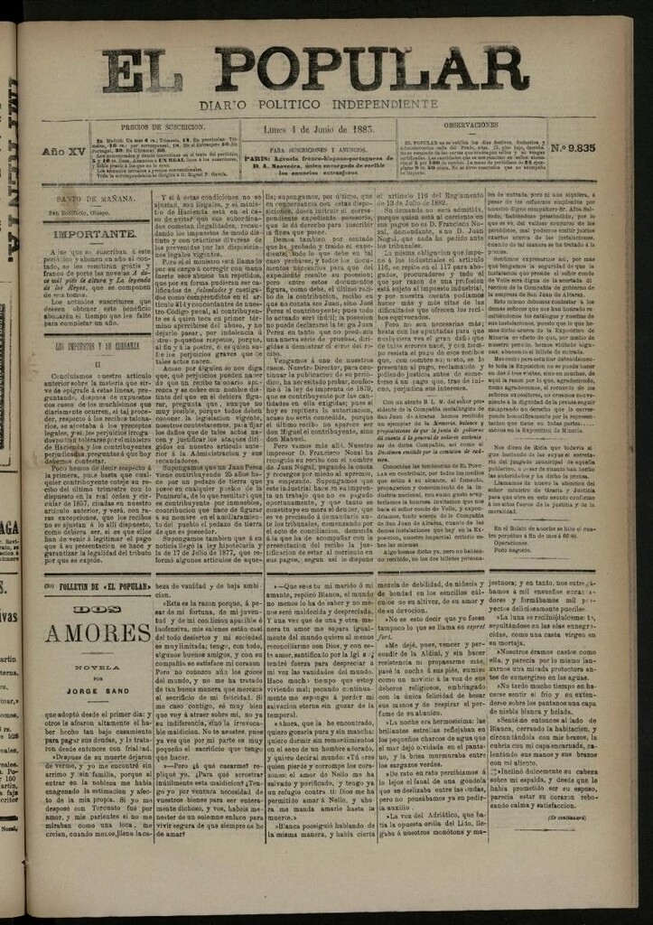 Miniatura de El Popular: diario independiente, político, literario y de noticias de interés general del 4 de junio de 1883, nº 9835