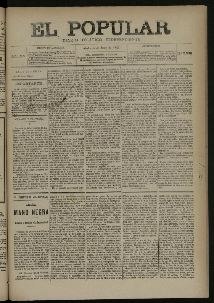 Miniatura de El Popular: diario independiente, político, literario y de noticias de interés general del 5 de junio de 1883, nº 9836
