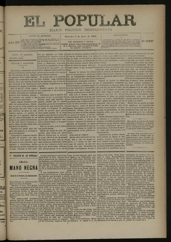 Miniatura de El Popular: diario independiente, político, literario y de noticias de interés general del 6 de junio de 1883, nº 9837