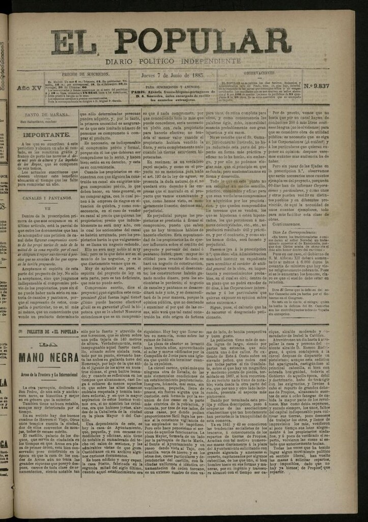 Miniatura de El Popular: diario independiente, político, literario y de noticias de interés general del 7 de junio de 1883, nº 9838