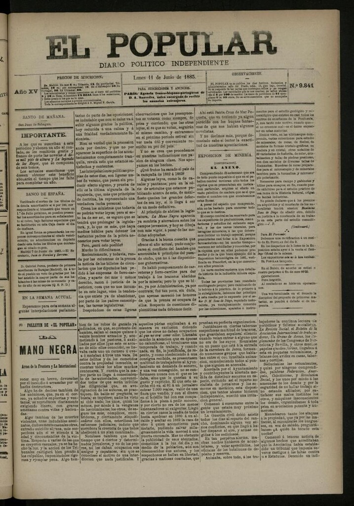 Miniatura de El Popular: diario independiente, político, literario y de noticias de interés general del 11 de junio de 1883, nº 9841