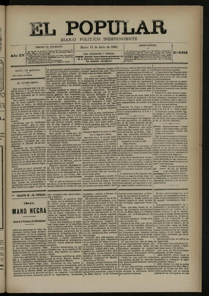 Miniatura de El Popular: diario independiente, político, literario y de noticias de interés general del 12 de junio de 1883, nº 9842