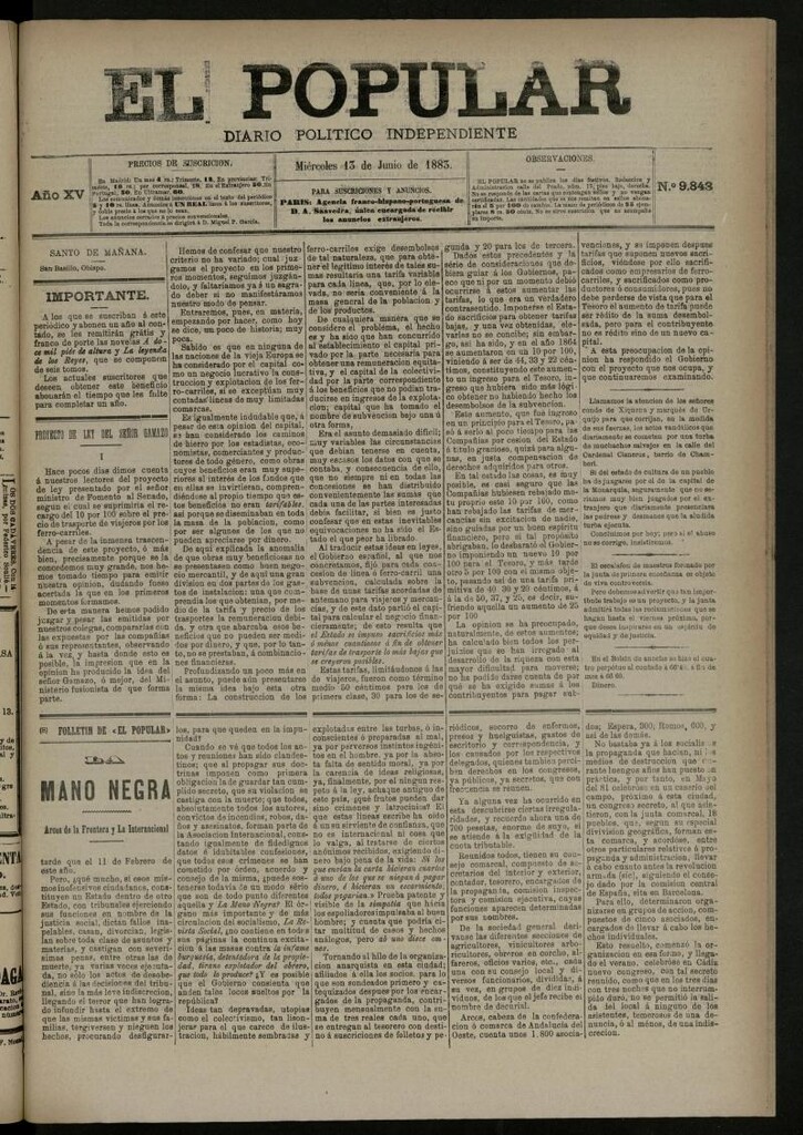 Miniatura de El Popular: diario independiente, político, literario y de noticias de interés general del 13 de junio de 1883, nº 9843