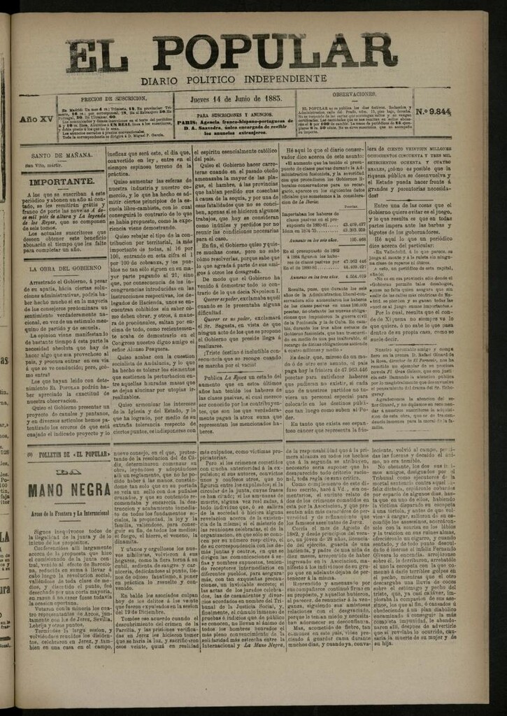 Miniatura de El Popular: diario independiente, político, literario y de noticias de interés general del 14 de junio de 1883, nº 9844