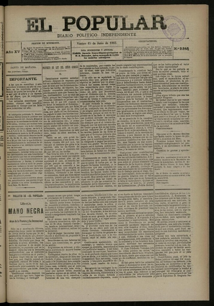 Miniatura de El Popular: diario independiente, político, literario y de noticias de interés general del 15 de junio de 1883, nº 9845