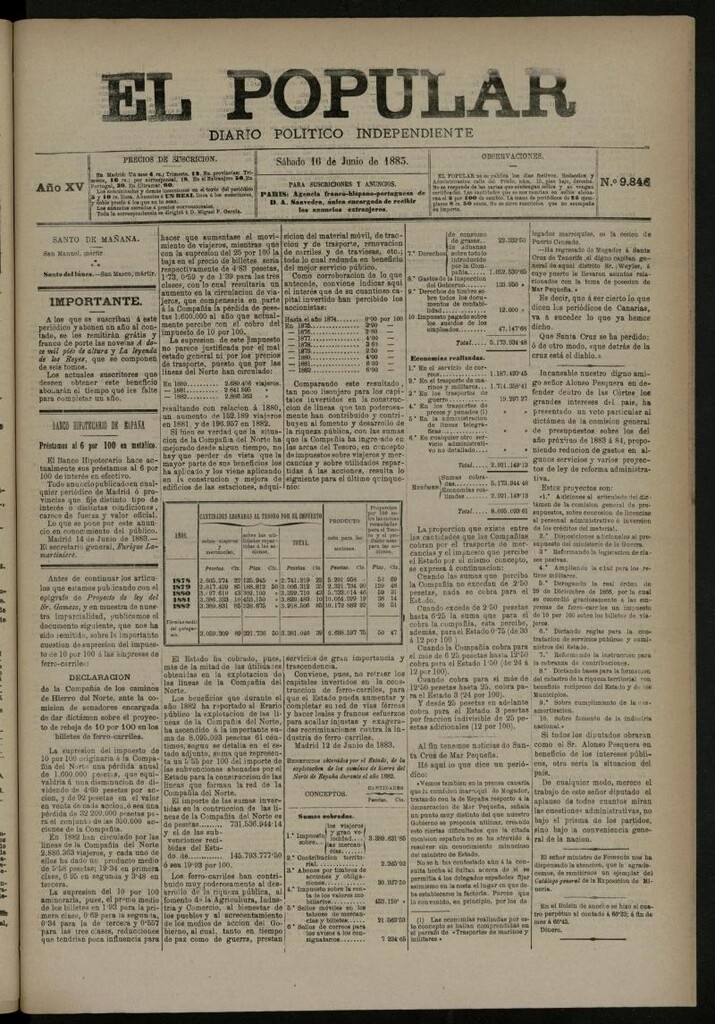 Miniatura de El Popular: diario independiente, político, literario y de noticias de interés general del 16 de junio de 1883, nº 9846