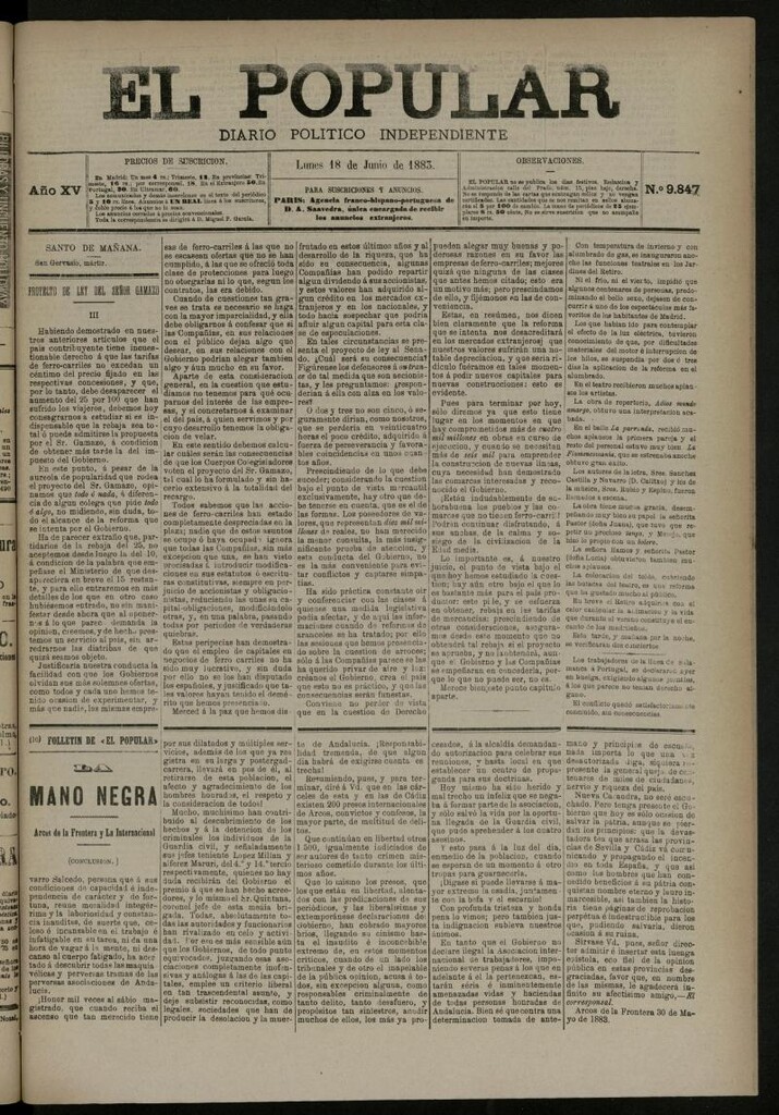 Miniatura de El Popular: diario independiente, político, literario y de noticias de interés general del 18 de junio de 1883, nº 9847