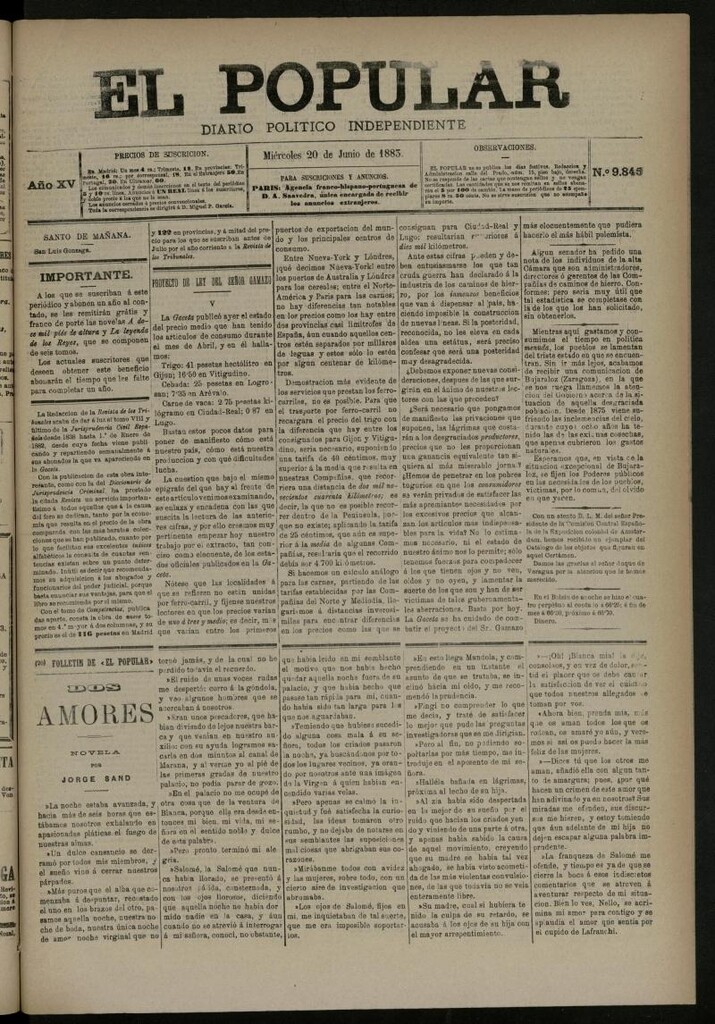 Miniatura de El Popular: diario independiente, político, literario y de noticias de interés general del 20 de junio de 1883, nº 9849