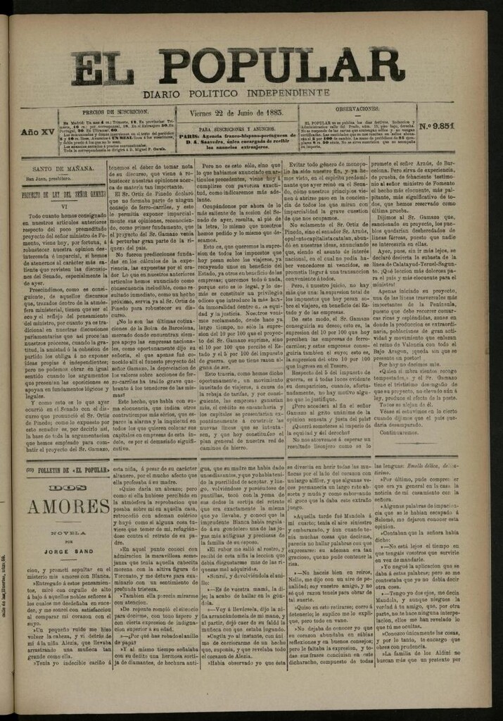 Miniatura de El Popular: diario independiente, político, literario y de noticias de interés general del 22 de junio de 1883, nº 9851
