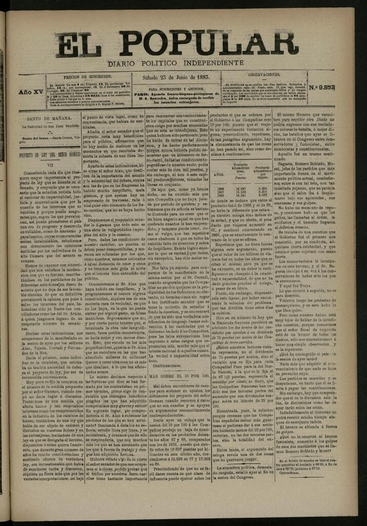 Miniatura de El Popular: diario independiente, político, literario y de noticias de interés general del 23 de junio de 1883, nº 9852