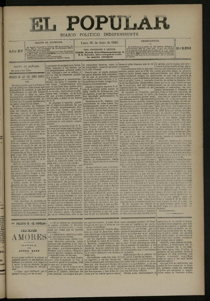 Miniatura de El Popular: diario independiente, político, literario y de noticias de interés general del 25 de junio de 1883, nº 9853