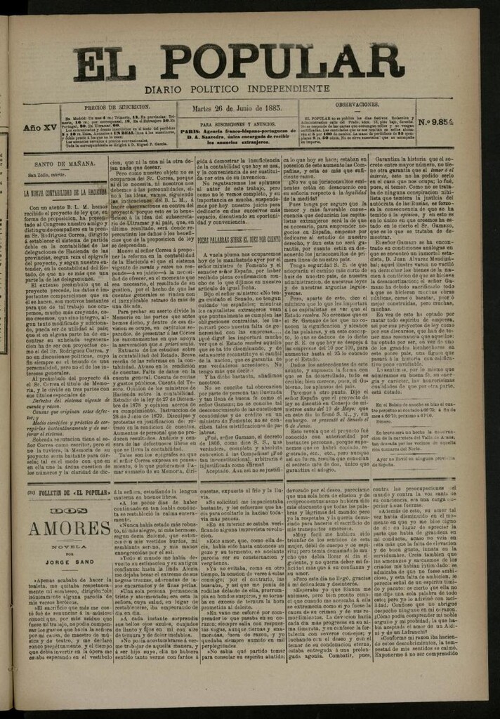Miniatura de El Popular: diario independiente, político, literario y de noticias de interés general del 26 de junio de 1883, nº 9854