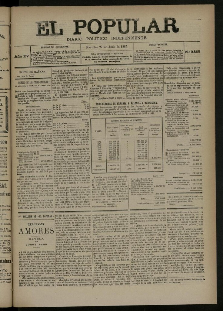 Miniatura de El Popular: diario independiente, político, literario y de noticias de interés general del 27 de junio de 1883, nº 9855