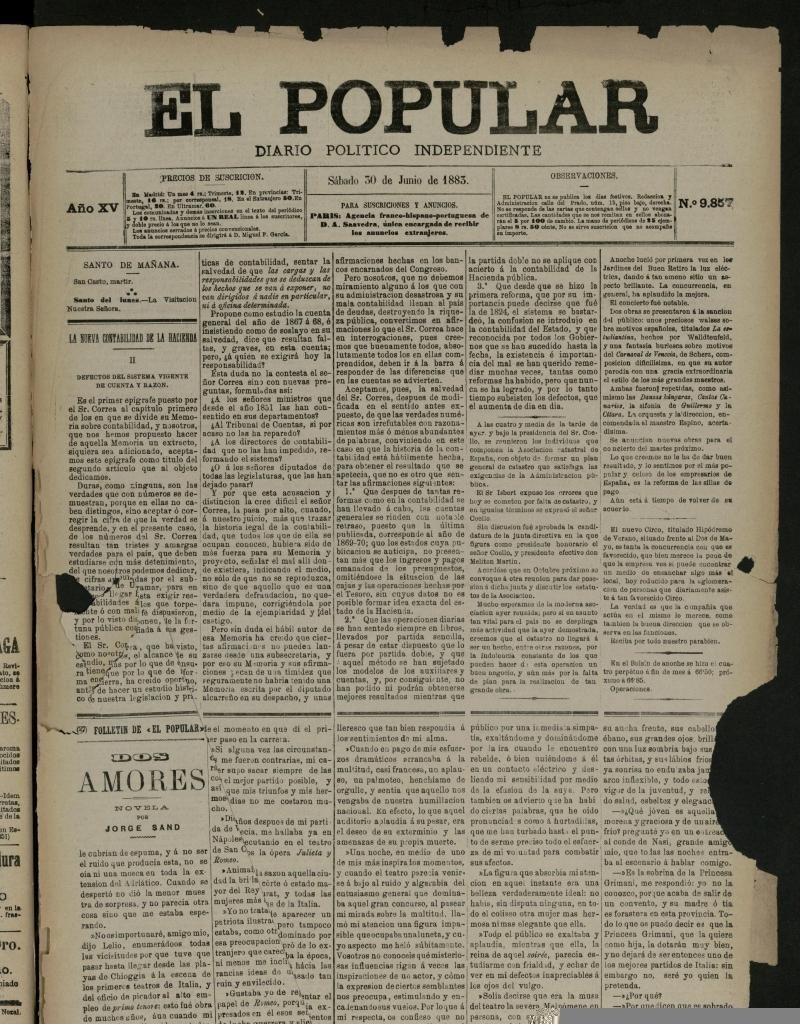 Miniatura de El Popular: diario independiente, político, literario y de noticias de interés general del 30 de junio de 1883, nº 9857