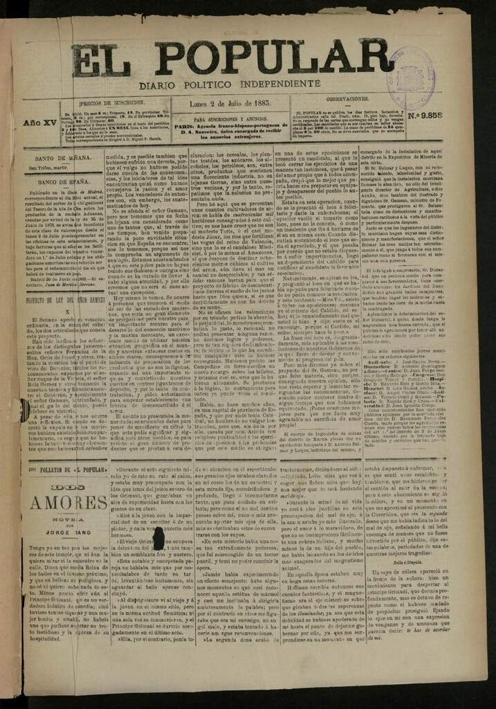 Miniatura de El Popular: diario independiente, político, literario y de noticias de interés general del 2 de julio de 1883, Nº 9858