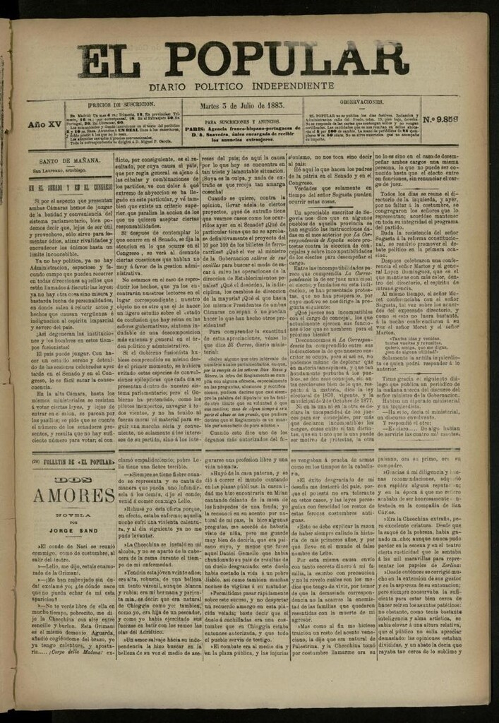 Miniatura de El Popular: diario independiente, político, literario y de noticias de interés general del 3 de julio de 1883, nº 9859